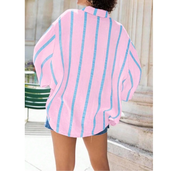 Pink with Blue Stripes Oversized Button Down Shirt Long Sleeve - Picture 4 of 7